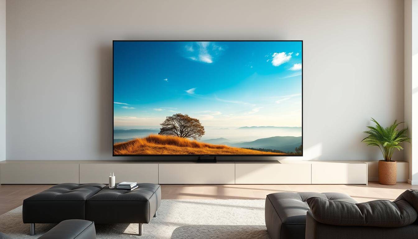 GRUNDIG 75 VOE 73 Fernseher im Jahr 2025 mit großem 75 Zoll Bildschirm in einem Wohnzimmer