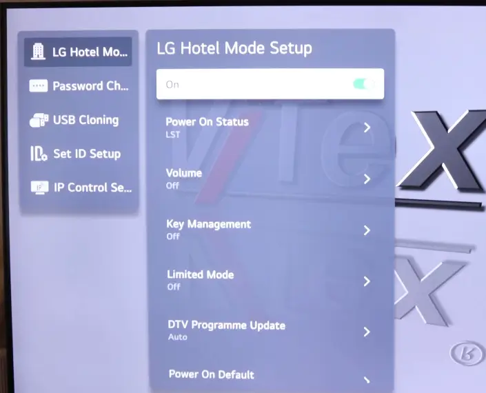 LG Hotel Mode Setup Menue mit allen Einstellungsoptionen LG Hotel-Menü Mode Setup mit allen Einstellungsoptionen
